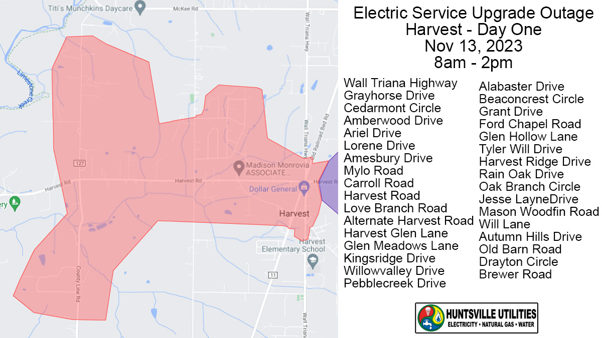 Area of Harvest to be impacted by scheduled power outage on November 13, 2023. 