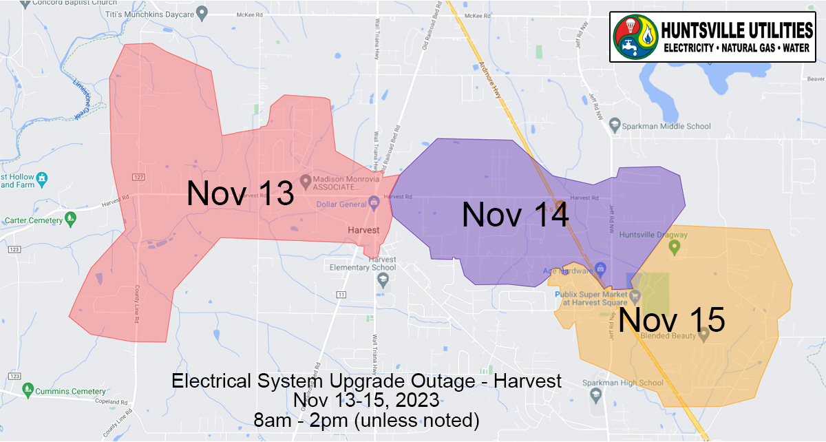 Color coded map of Harvest area to be impacted by planned power outage. November 13 is pink, November 14 is purple, November 15 is yellow. 