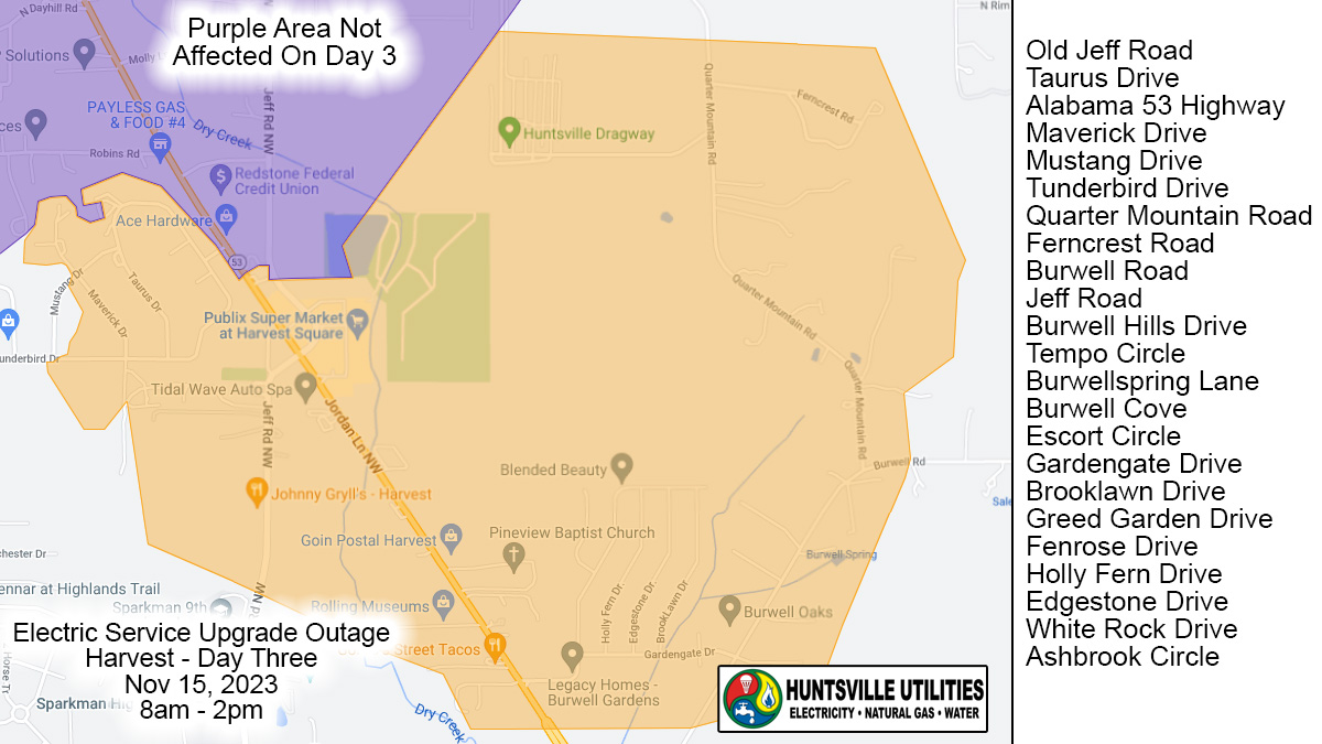 Map showing the area of Harvest to be impacted by a scheduled power outage on November 15, 2023.