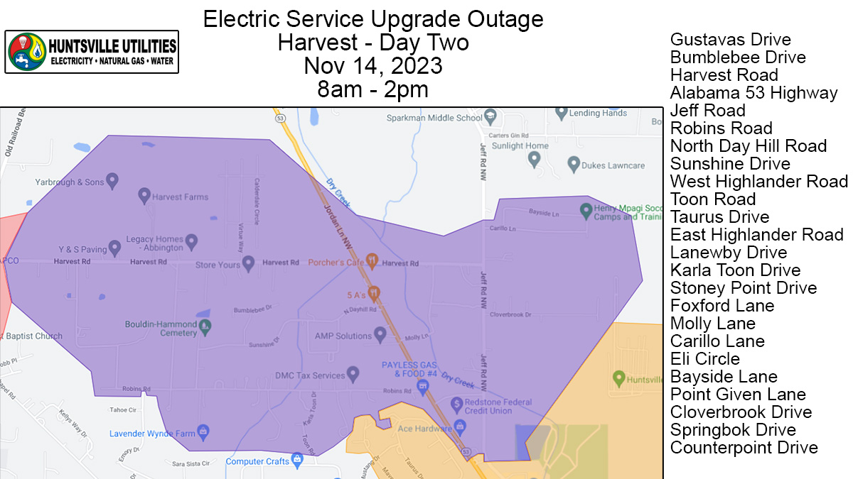 Area of Harvest to be impacted by scheduled power outage on November 14, 2023. 