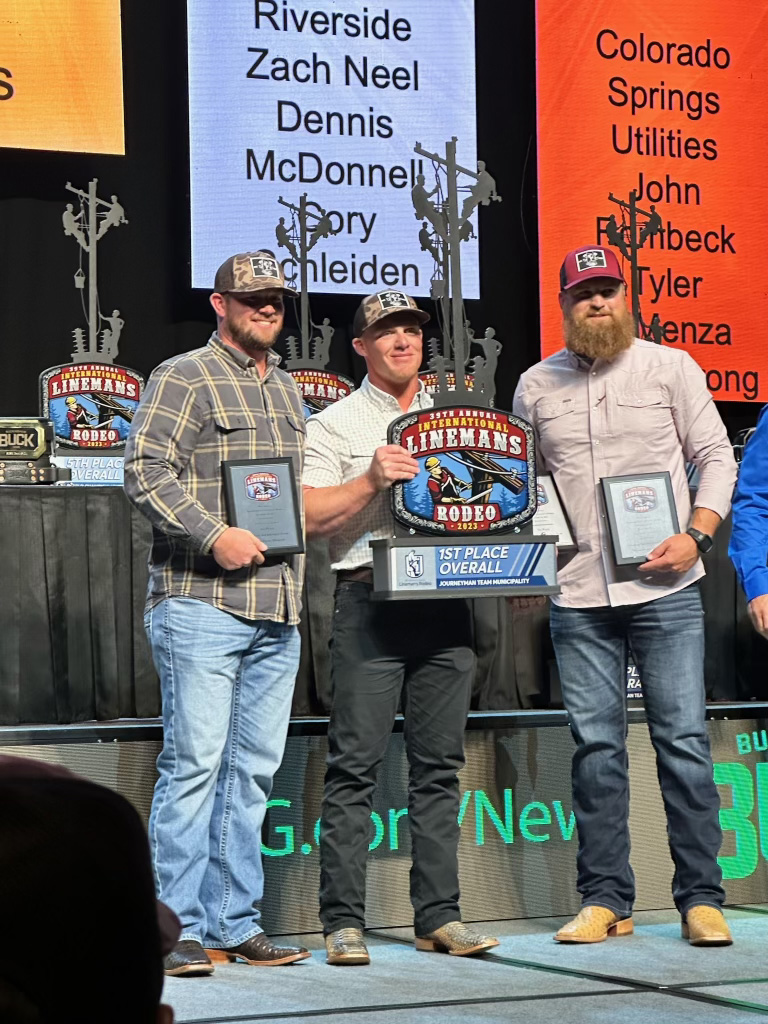 The Huntsville Utilities Lineman Rodeo team with their first place trophy. 