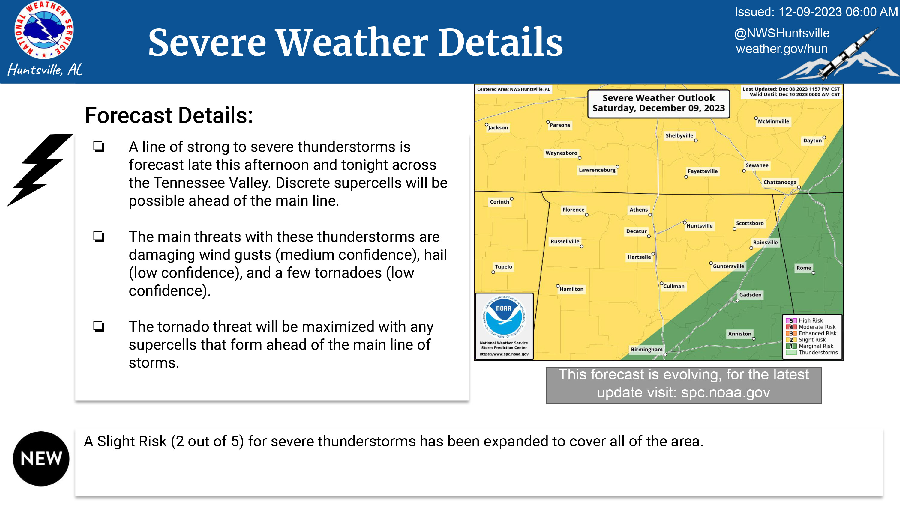 Map showing slight risk of severe weather for the Huntsville Utilities service area. Text from the graphic is stated in the post copy.