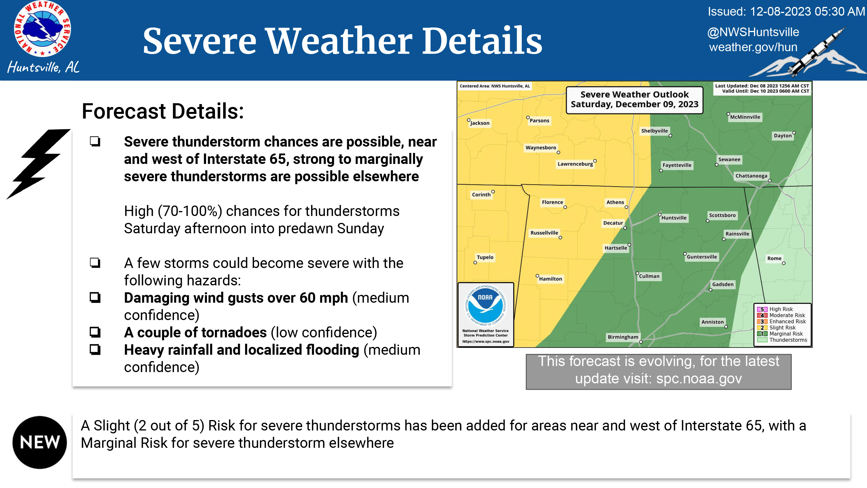 Map showing risk of severe weather for north Alabama. Text from graphic is stated in post copy.