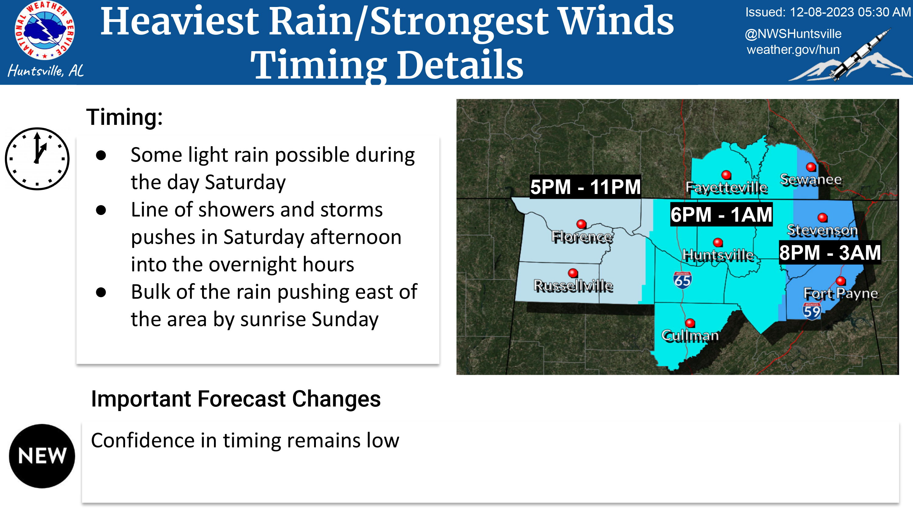 Map showing timing of heaviest rain/wind for north Alabama. Text is restated in post copy.