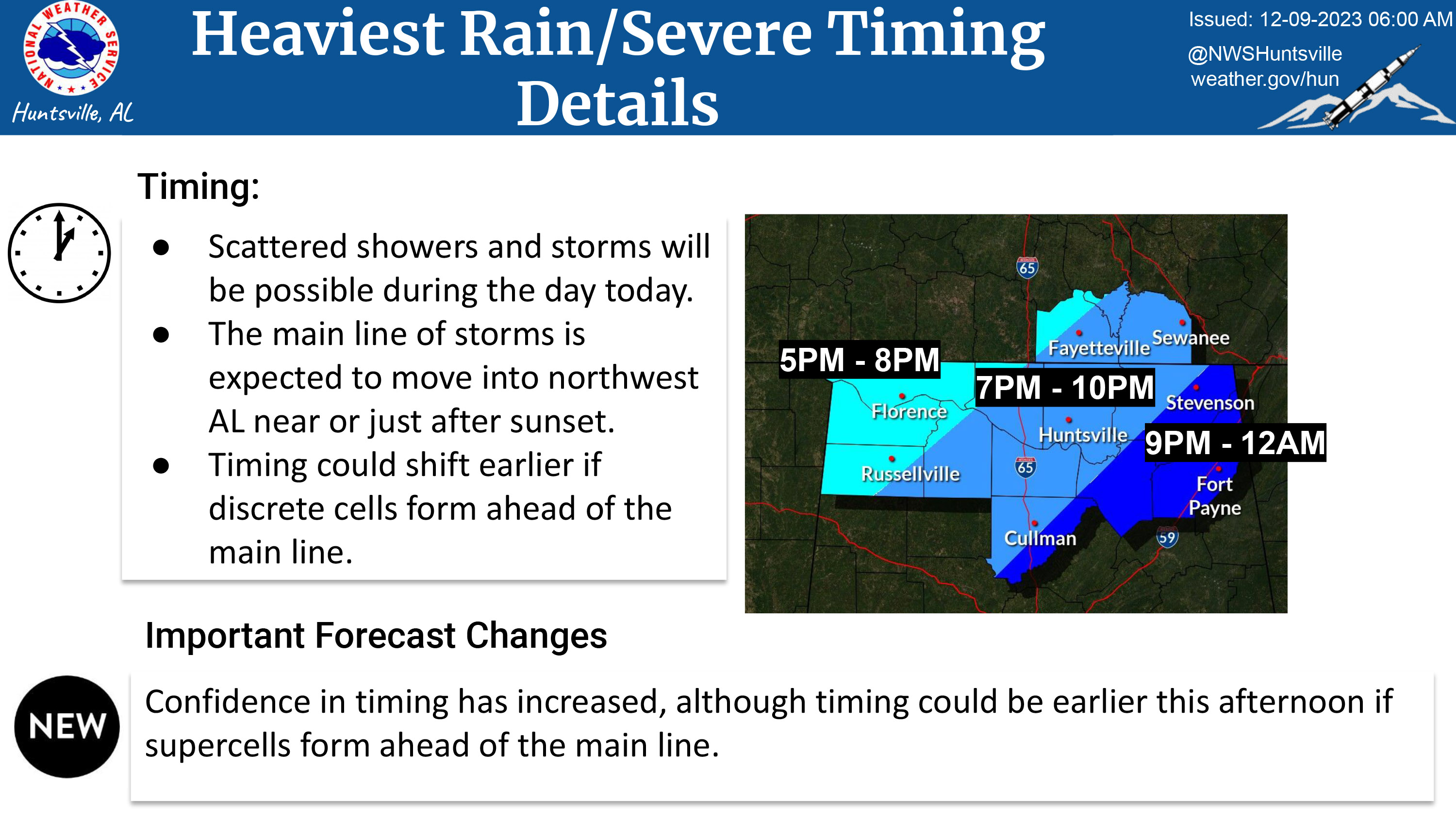 Map showing timing of expected storm system. For Huntsville/Madison County, it is between 7pm and 10pm. Remainder of graphic copy is listed in post text. 