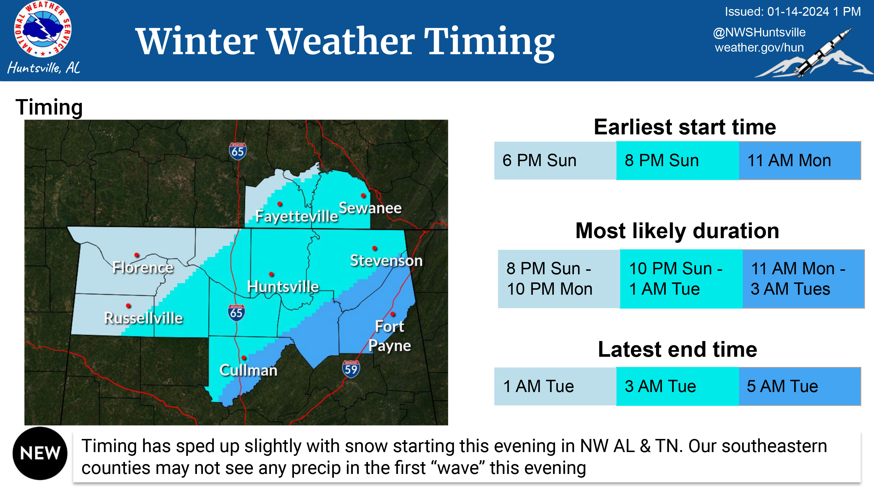 National Weather Service map showing snow is expected to start falling in Huntsville/madison county between 8pm and 10pm Sunday night. 