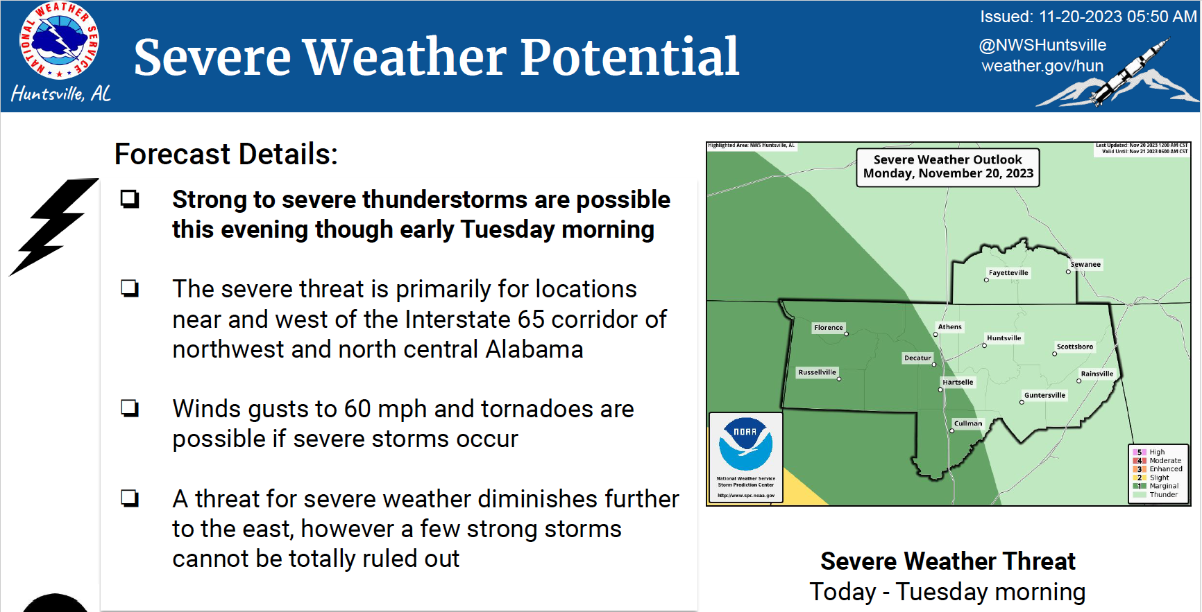 National Weather Service graphic showing risk of severe weather for north Alabama. Text is stated in post copy. 