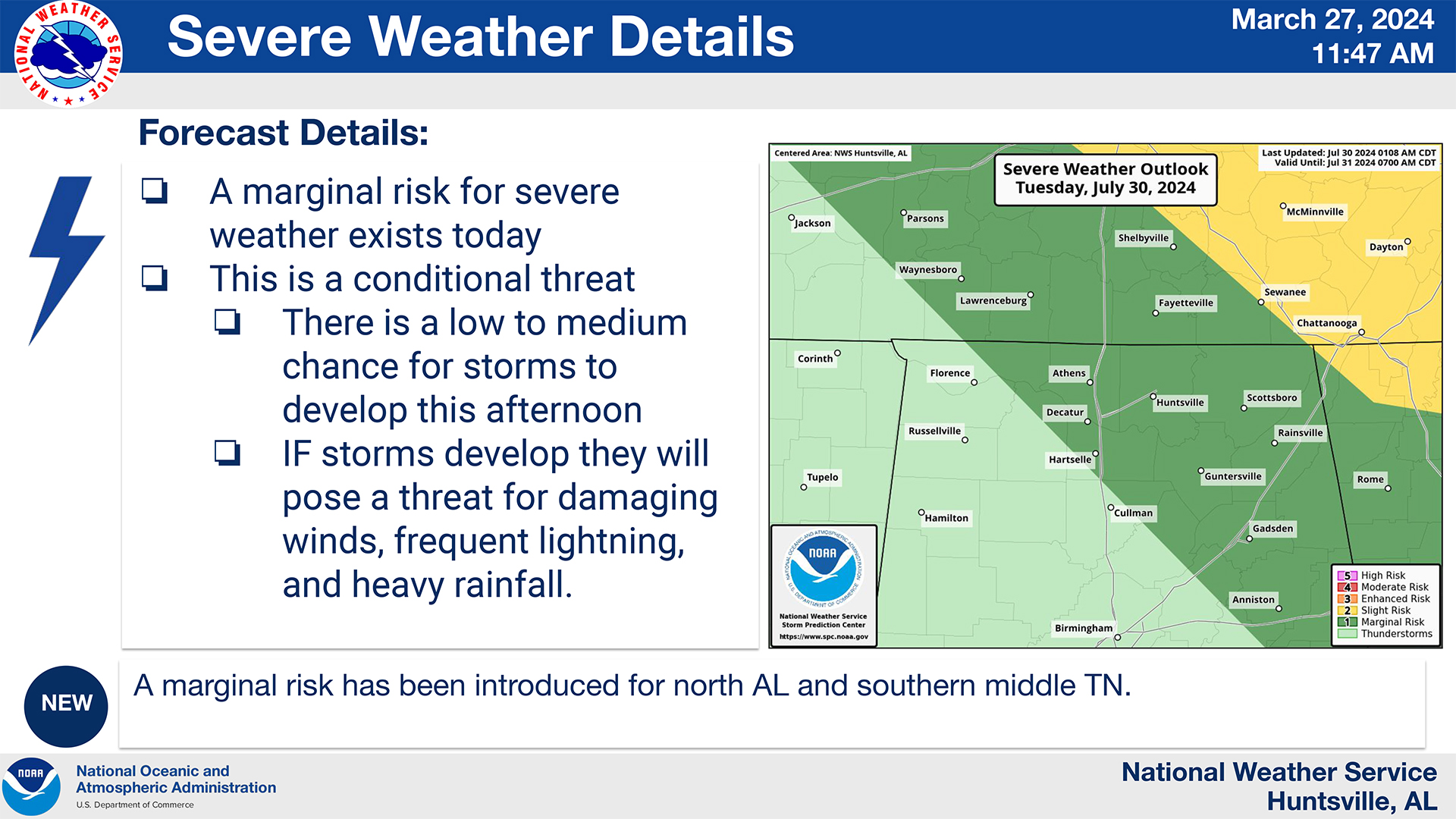 Map showing marginal risk of storms for North Alabama. 