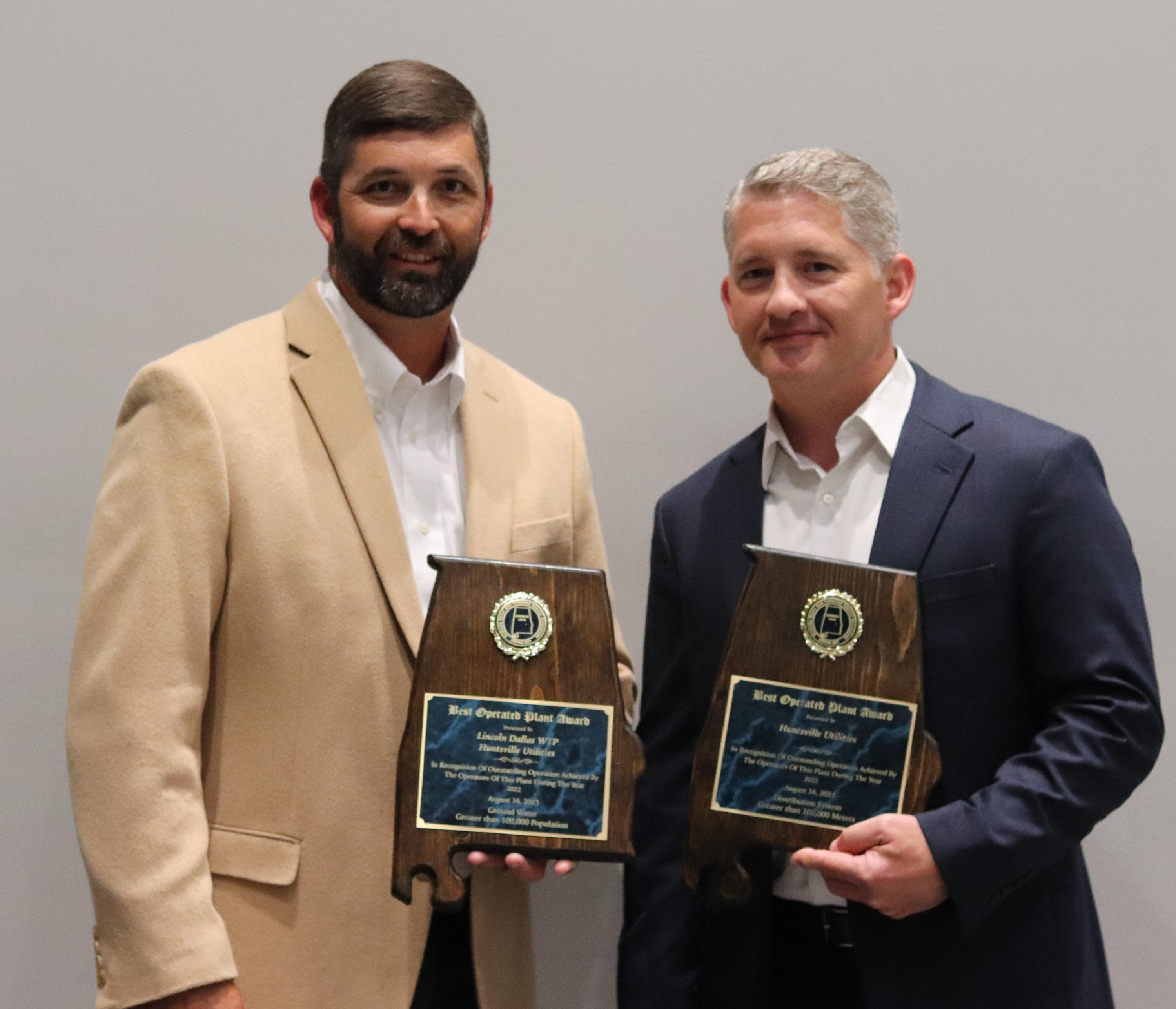 Brad Frye of Huntsville Utilities accepting the awards for Best Operated Groundwater Plant (>100,000 population) and Best Operated Distribution System (>100,000 meters) 