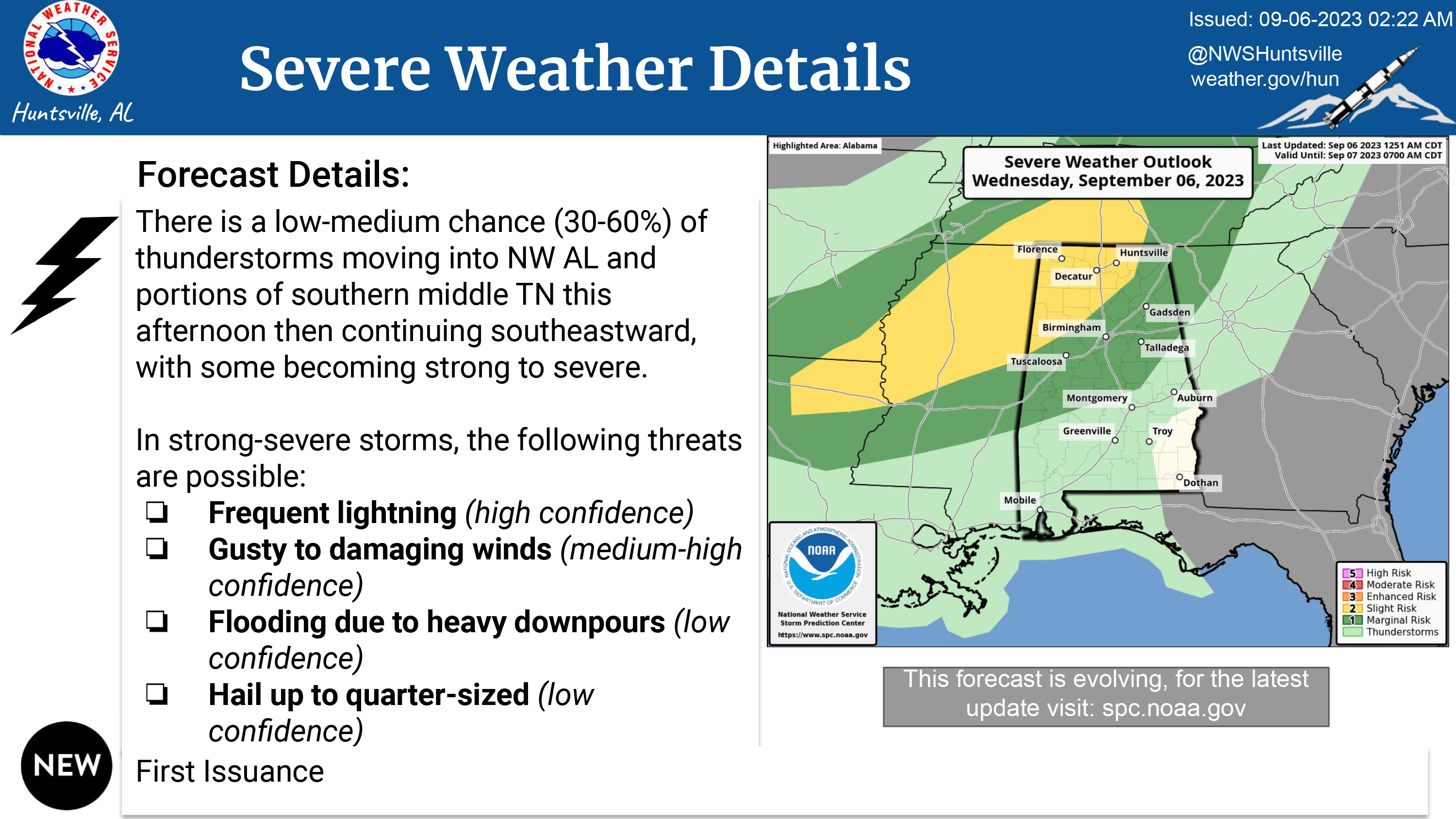 National Weather Service map showing a level two risk (out of five) for severe weather in the Huntsville Utilities service area for Wednesday, September 6, 2023. There is a low-medium chance (30-60%) of thunderstorms moving into NW AL and portions of southern middle TN this afternoon then continuing southeastward, with some becoming strong to severe. In strong-severe storms, the following threats are possible: ❏ Frequent lightning (high confidence) ❏ Gusty to damaging winds (medium-high confidence) ❏ Flooding due to heavy downpours (low confidence) ❏ Hail up to quarter-sized (low confidence)