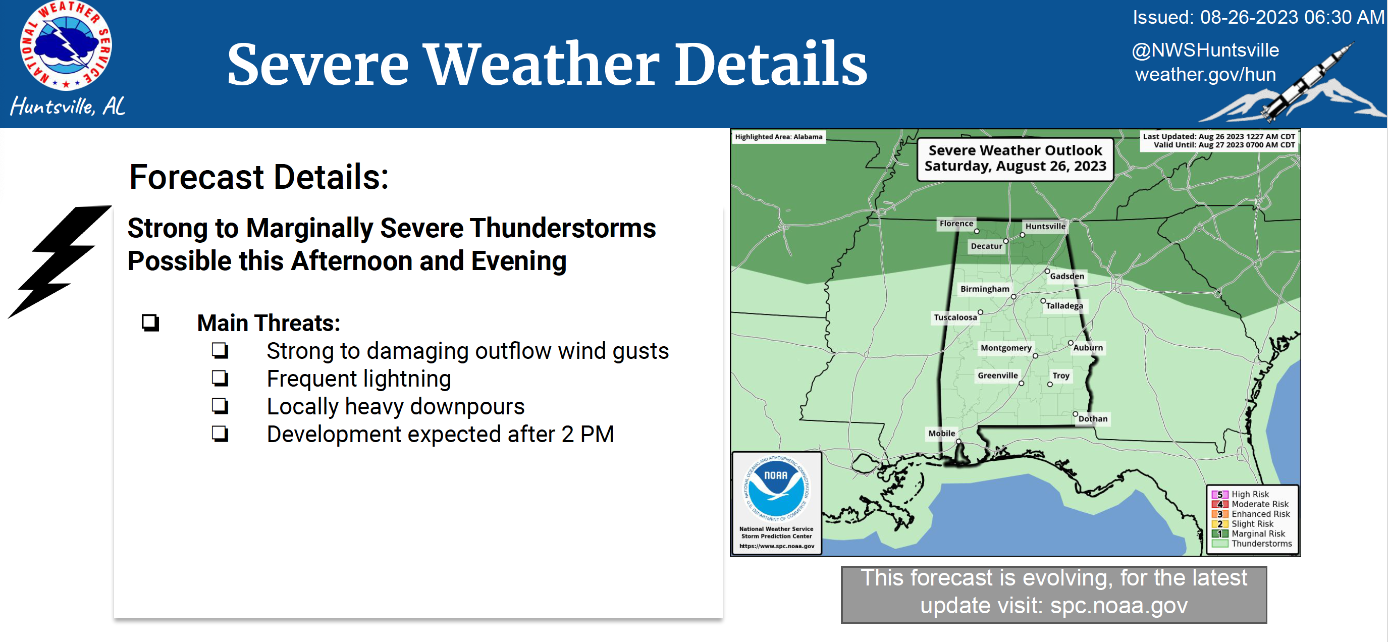 National Weather Service graphic showing a marginal risk of strong to marginally severe thunderstorms for north Alabama after 2pm on Saturday, August 26, 2023. 